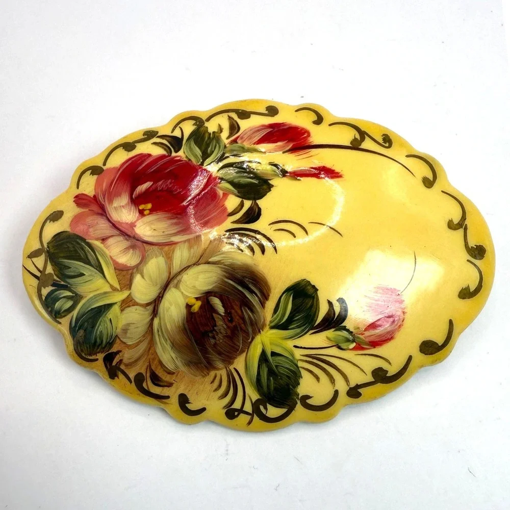 Hand‎ Painted Floral Brooch – Yellow Oval Wood Pin with Red & Pink Flowers